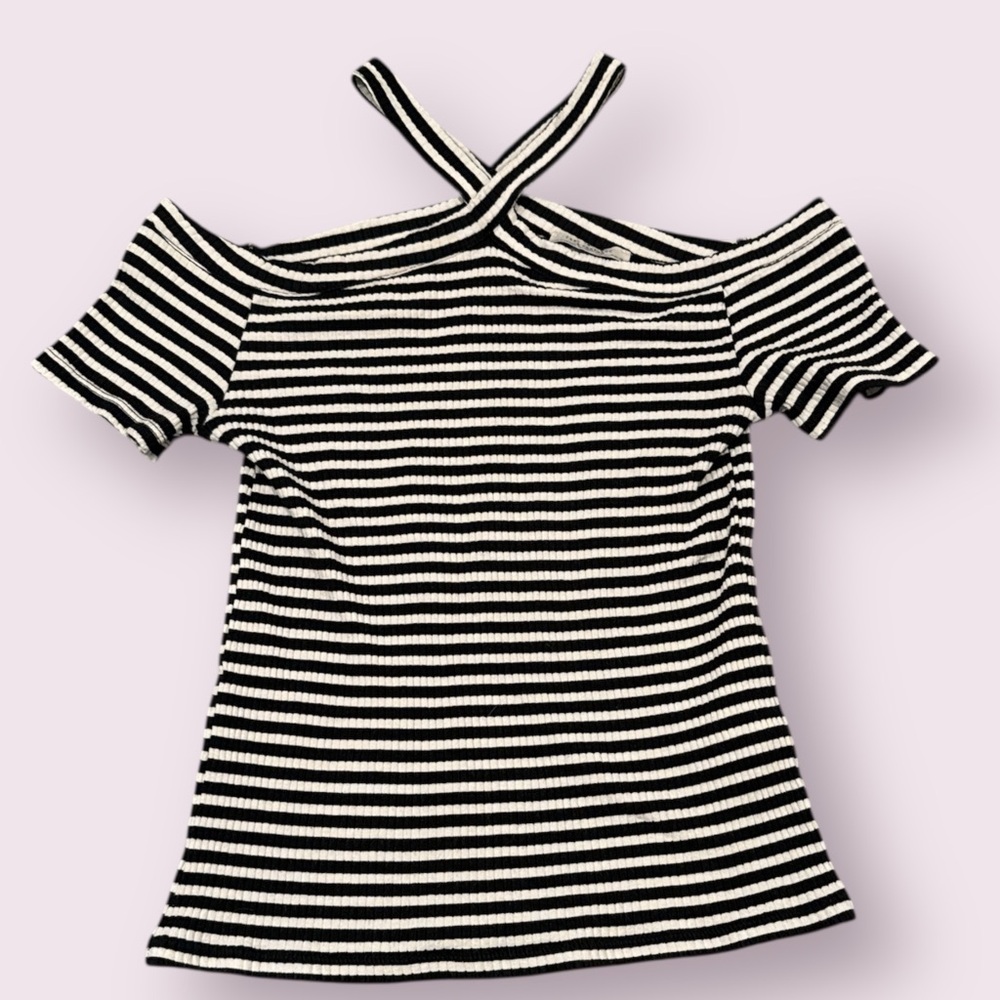 Zara Trafaluc Black White Ribbed Stripe Cross Strap Top Size M